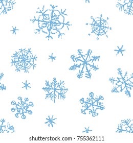 Christmas snowflake hand drawing seamless pattern. Like child's drawing crayon, chalk or pencil blue color snow. Kids drawn vector grunge style texture background. Winter shape cute decor ornament.