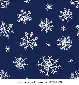 Christmas snowflake hand drawing seamless pattern on dark blue. Like child's drawing crayon, chalk or pencil white snow. Kids drawn vector grunge style texture background. Winter cute decor ornament