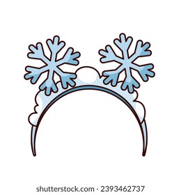 Christmas snowflake headband vector illustration. Cartoon isolated retro funny sticker of blue flakes of snow on cute band for head, photo booth props and winter decoration for Merry Christmas