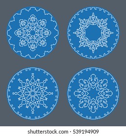 Christmas snowflake icon set. Thin line signs. Ornamental lace view buttons. Winter, New Year, holiday symbol. White blue silhouette on gray background. Vector isolated
