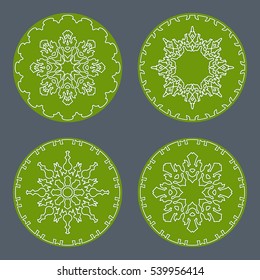 Christmas snowflake icon set. Thin line signs. Ornamental lace view buttons. Winter, New Year, holiday symbol. White green silhouette on gray background. Vector isolated