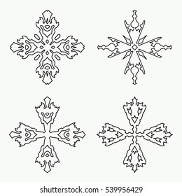 Christmas snowflake icon set. Thin line signs. Cross view buttons. Winter, New Year, holiday symbol. White blue silhouette on gray background. Vector isolated