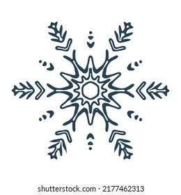 Christmas Snowflake Illustration Vector Motif. Masculine Winter Snow Graphic For Holiday, Xmas, Frosty Icon. Hand Drawn December Snowy Six Pointed Star.