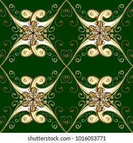 Christmas, snowflake, new year 2018. Seamless vintage pattern on green and yellow colors with golden elements.