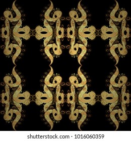 Christmas, snowflake, new year 2018. Seamless vintage pattern on black and yellow colors with golden elements.