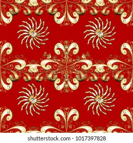 Christmas, snowflake, new year 2018. Seamless vintage pattern on red and yellow colors with golden elements.