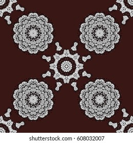 Christmas, snowflake, new year 2018. Seamless vintage pattern on brown background with white elements.