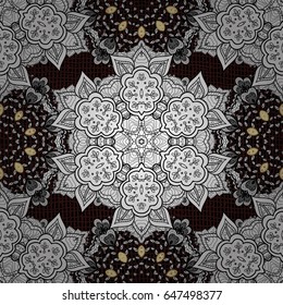 Christmas, snowflake, new year 2018. Seamless vintage pattern on brown background with white elements.