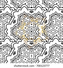 Christmas, snowflake, new year 2018. Vintage pattern on white background with golden elements.