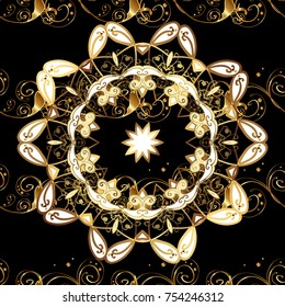 Christmas, snowflake, new year 2018. Seamless vintage pattern on black, brown and white colors with golden elements.