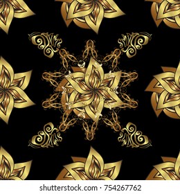 Christmas, snowflake, new year 2018. Seamless vintage pattern on black, brown and yellow colors with golden elements.
