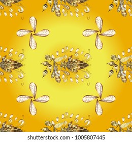 Christmas, snowflake, new year 2019. Round ormanental vintage pattern on yellow colors with golden elements.