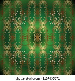 Christmas, snowflake, new year 2019. Seamless vintage pattern on green, neutral and brown colors with golden elements.