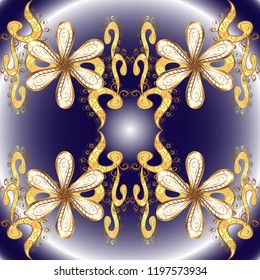 Christmas, snowflake, new year 2019. Ornamental vintage pattern on neutral, blue and violet colors with golden elements.