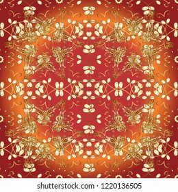 Christmas, snowflake, new year 2019. Seamless vintage pattern on orange, red and brown colors with golden elements.