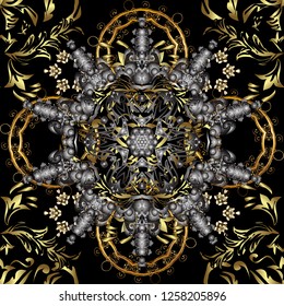 Christmas, snowflake, new year 2019. Seamless vintage pattern on black colors with golden elements.
