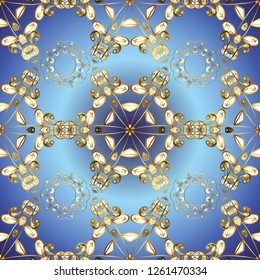 Christmas, snowflake, new year 2019. Ornamental vintage pattern on blue, beige and brown colors with golden elements.