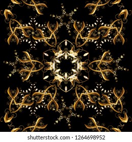 Christmas, snowflake, new year 2019. Seamless vintage pattern on black and brown colors with golden elements.