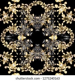 Christmas, snowflake, new year 2019. Seamless vintage pattern on black and gray colors with golden elements.