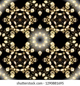 Christmas, snowflake, new year 2019. Seamless vintage pattern on black and beige colors with golden elements.