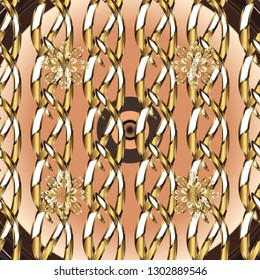 Christmas, snowflake, new year 2019. Seamless vintage pattern on beige and brown colors with golden elements.