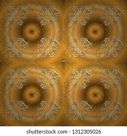 Christmas, snowflake, new year 2019. Seamless vintage pattern on yellow and brown colors with golden elements.