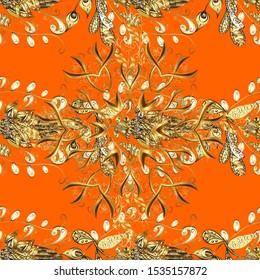 Christmas, snowflake, new year 2019. Seamless vintage pattern on orange and yellow colors with golden elements.