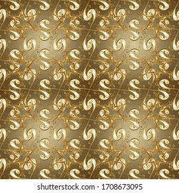 Christmas, snowflake, new year 2019. Seamless vintage pattern on beige, neutral and brown colors with golden elements.