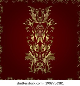Christmas, snowflake, new year 2019. Seamless vintage pattern on brown and red colors with golden elements.