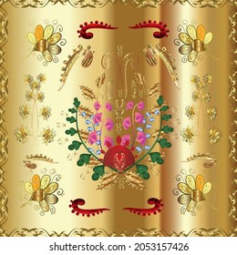 Christmas, snowflake, new year 2019. Seamless vintage pattern on yellow, beige and brown colors with golden elements.