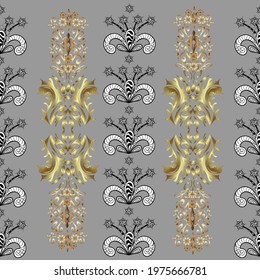Christmas, snowflake, new year. Golden seamless pattern on gray, white and black colors with golden elements. Seamless vintage pattern on gray, white and black colors with golden elements.