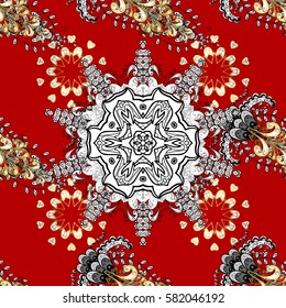Christmas, snowflake, new year. Golden pattern on red background with golden elements. Seamless vintage pattern on red background with golden elements.