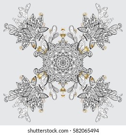 Christmas, snowflake, new year. Golden pattern on gray background with golden elements. Seamless vintage pattern on gray background with golden elements.