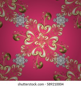Christmas, snowflake, new year. Golden pattern on pink background with golden elements. Seamless vintage pattern on pink background with golden elements.
