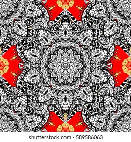 Christmas, snowflake, new year. Golden seamless pattern on red background with white elements. Seamless vintage pattern on red background with whiteen elements.