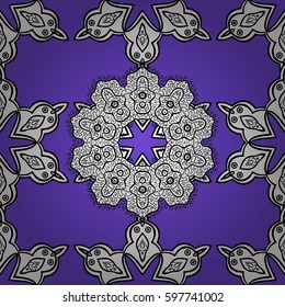 Christmas, snowflake, new year. Golden seamless pattern on violet background with white elements. Seamless vintage pattern on violet background with whiteen elements.