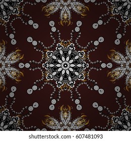Christmas, snowflake, new year. Golden pattern on brown background with golden elements. Seamless vintage pattern on brown background with golden elements.