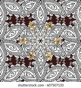 Christmas, snowflake, new year. Golden pattern on brown background with golden elements. Seamless vintage pattern on brown background with golden elements.