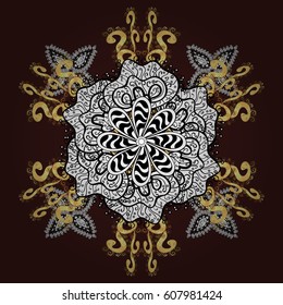Christmas, snowflake, new year. Golden pattern on brown background with golden elements. Seamless vintage pattern on brown background with golden elements.