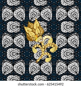Christmas, snowflake, new year. Golden pattern on blue background with golden elements. Vintage pattern on blue background with golden elements.