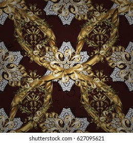 Christmas, snowflake, new year. Golden pattern on brown background with golden elements. Vintage pattern on brown background with golden elements.
