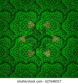 Christmas, snowflake, new year. Golden pattern on green background with golden elements. Vintage pattern on green background with golden elements.