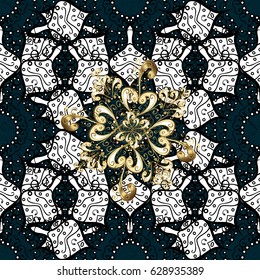 Christmas, snowflake, new year. Golden pattern on blue background with golden elements. Vintage pattern on blue background with golden elements.