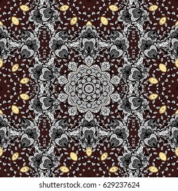 Christmas, snowflake, new year. Golden pattern on brown background with golden elements. Vintage pattern on brown background with golden elements.