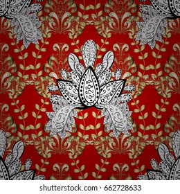 Christmas, snowflake, new year. Golden pattern on red background with golden elements. Seamless vintage pattern on red background with golden elements.