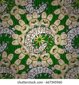 Christmas, snowflake, new year. Pattern on green and white background with elements. Vintage pattern on green and white roughness background with white elements.