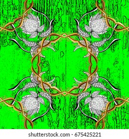 Christmas, snowflake, new year. Pattern on green and white background with elements. Vintage pattern on green and white roughness background with white elements.