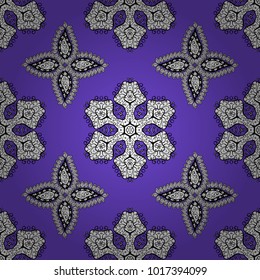 Christmas, snowflake, new year. Seamless vintage pattern on violet, white and black colors with colorful elements and with white doodles.