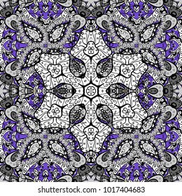 Christmas, snowflake, new year. Seamless vintage pattern on white, black and gray colors with colorful elements and with white doodles.