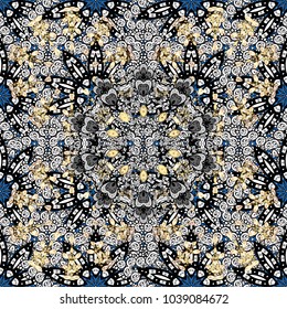 Christmas, snowflake, new year. Seamless vintage pattern on white, black and gray colors with golden elements and with white doodles.